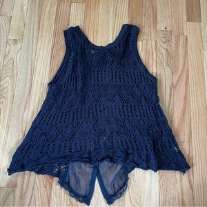Rewind Tank Top Womens Medium Blue Crochet Knit Asymmetrical Hem Boho Festival
